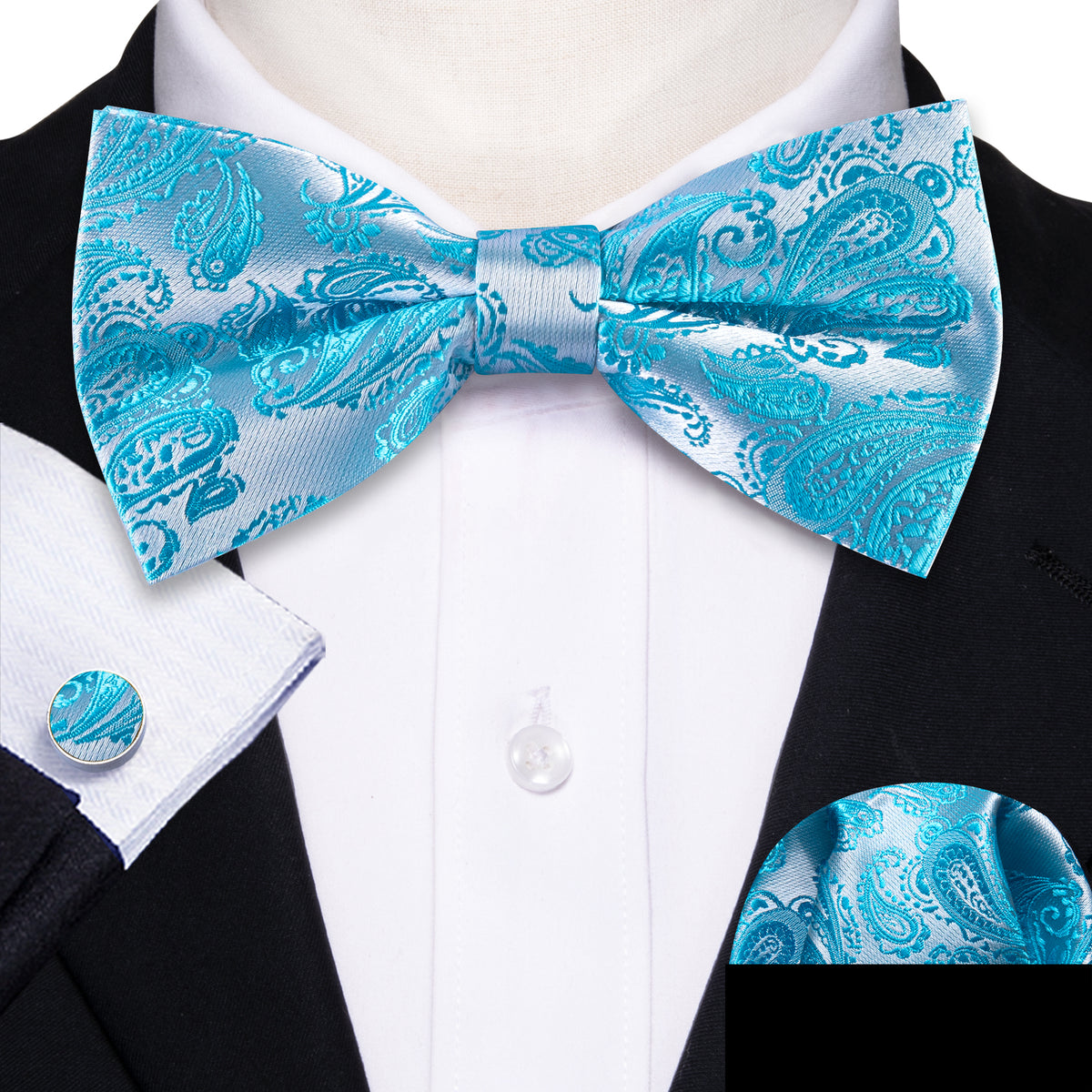 Pale Blue Silver Paisley Silk Bow Tie Set bow ties - Sophisticated Gentlemen