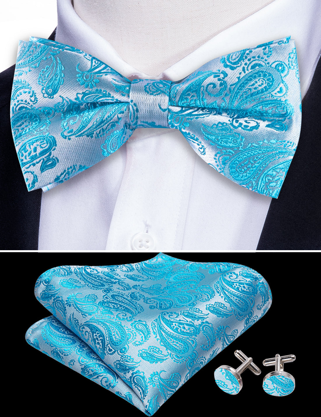 Pale Blue Silver Paisley Silk Bow Tie Set bow ties - Sophisticated Gentlemen