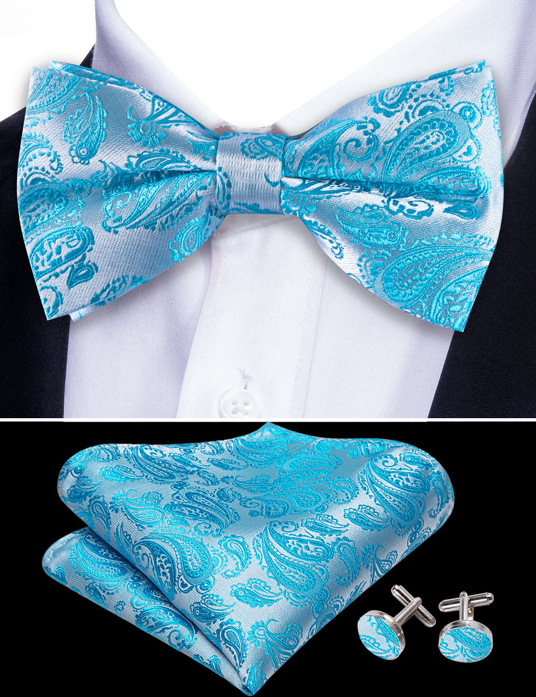 Pale Blue Silver Paisley Silk Bow Tie Set bow ties - Sophisticated Gentlemen