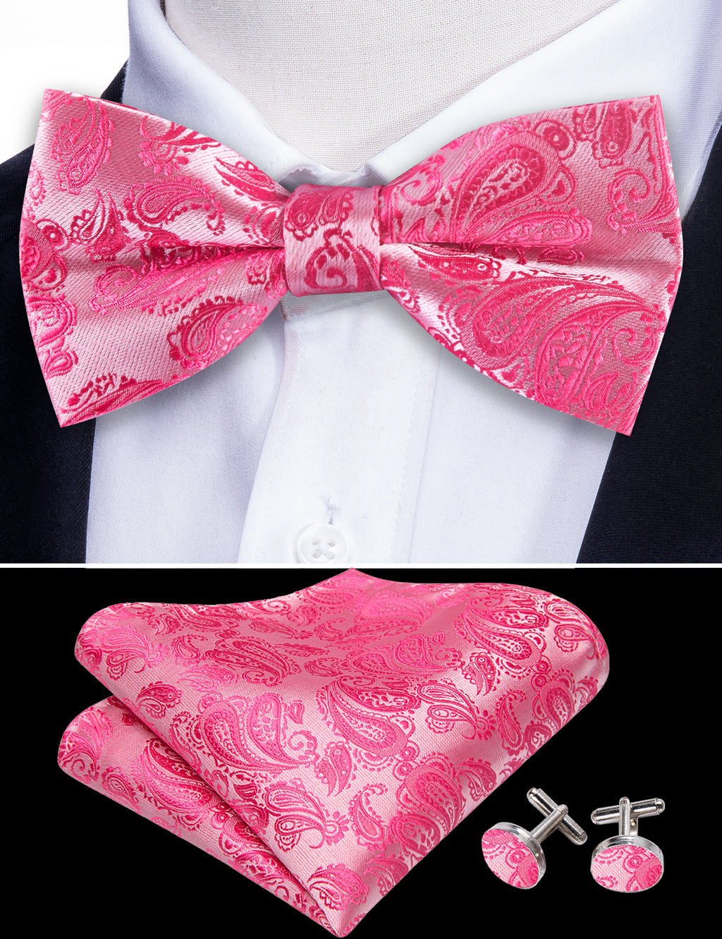 Pink Paisley Silk Bow Tie Set bow ties - Sophisticated Gentlemen