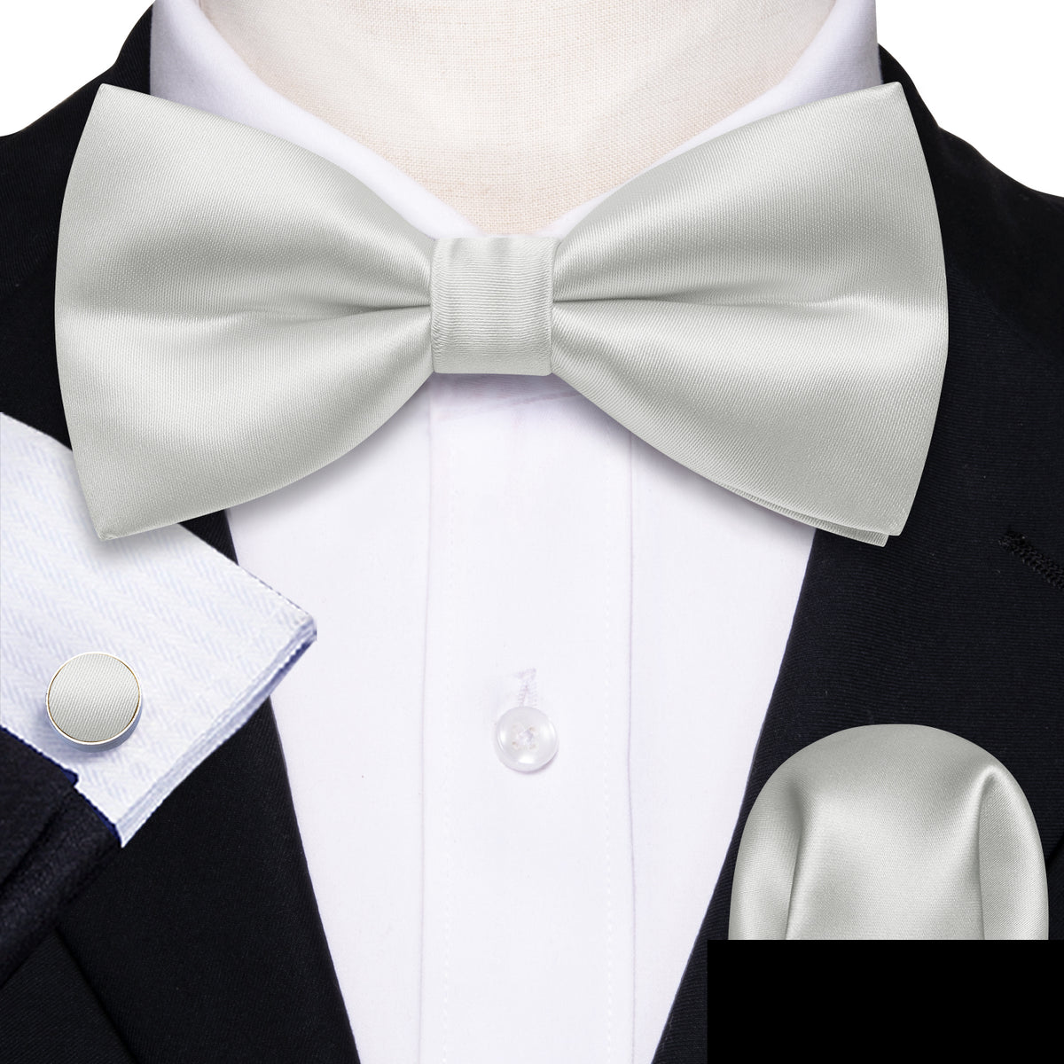 White Grey Solid Satin Bow Tie Set bow ties - Sophisticated Gentlemen