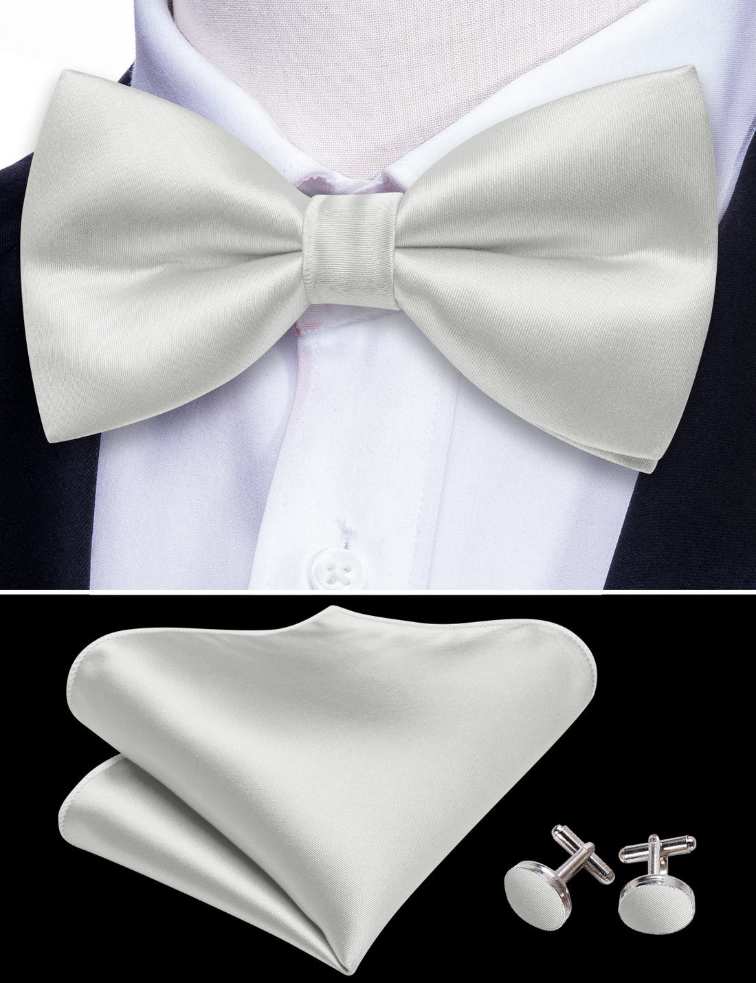 White Grey Solid Satin Bow Tie Set bow ties - Sophisticated Gentlemen