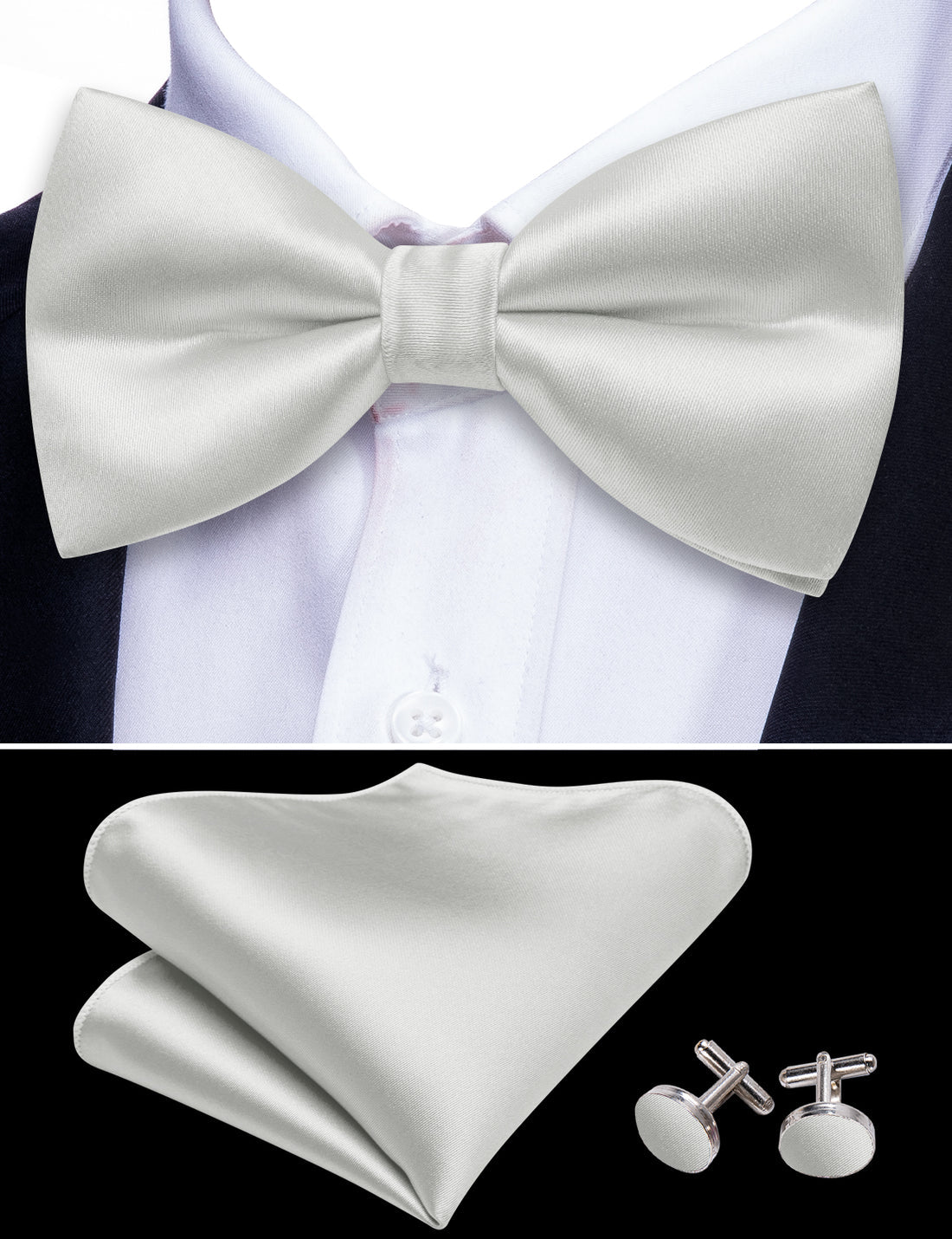 White Grey Solid Satin Bow Tie Set bow ties - Sophisticated Gentlemen