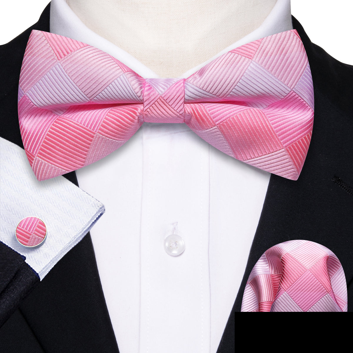 Pink White Plaid Silk Bow Tie Set bow ties - Sophisticated Gentlemen