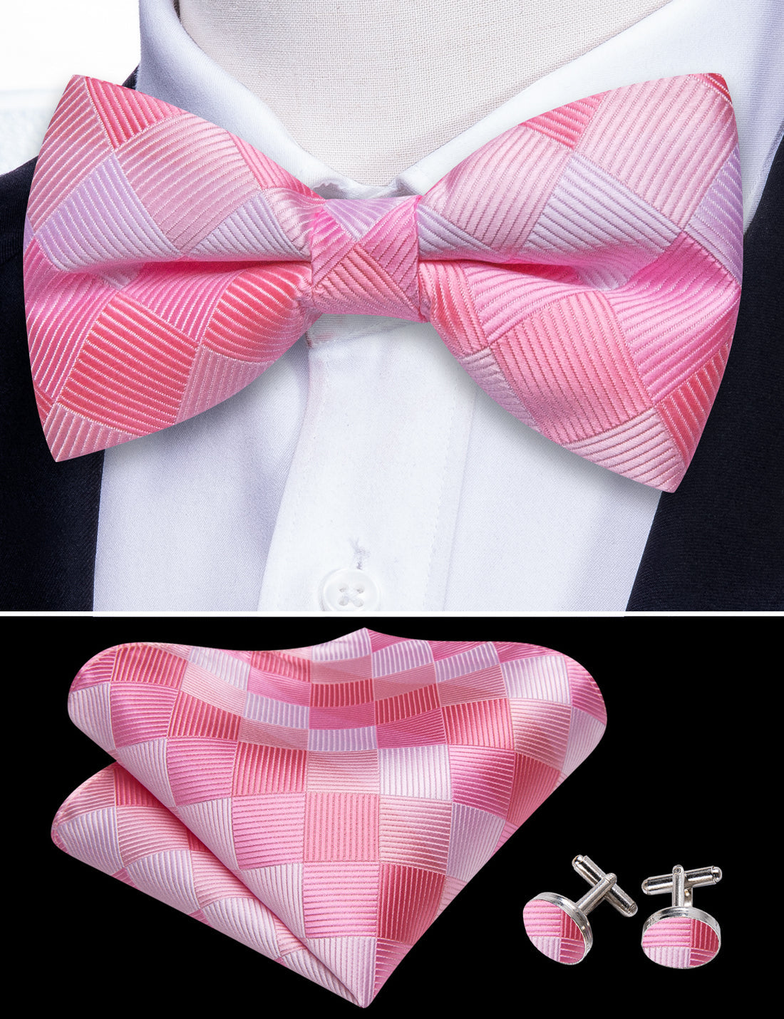 Pink White Plaid Silk Bow Tie Set bow ties - Sophisticated Gentlemen