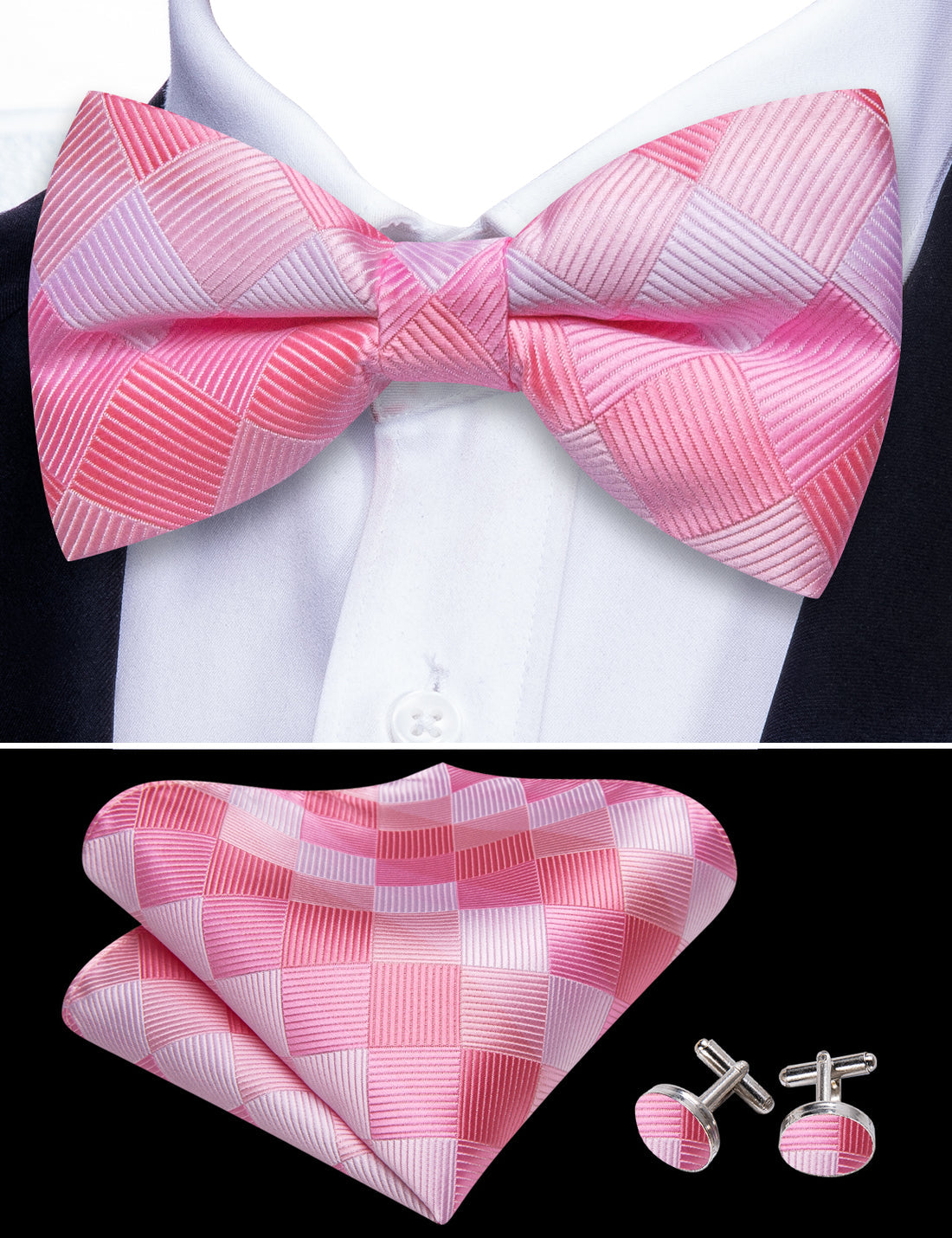 Pink White Plaid Silk Bow Tie Set bow ties - Sophisticated Gentlemen