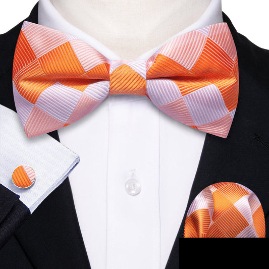 Orange and White Plaid Silk Bow Tie Set bow ties - Sophisticated Gentlemen