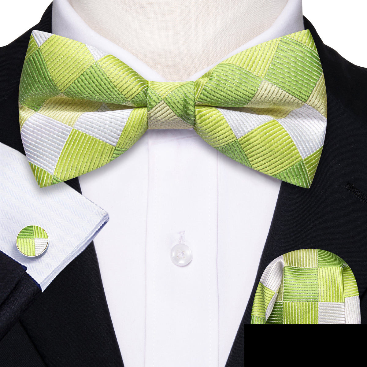 Green White Plaid Silk Bow Tie Set bow ties - Sophisticated Gentlemen