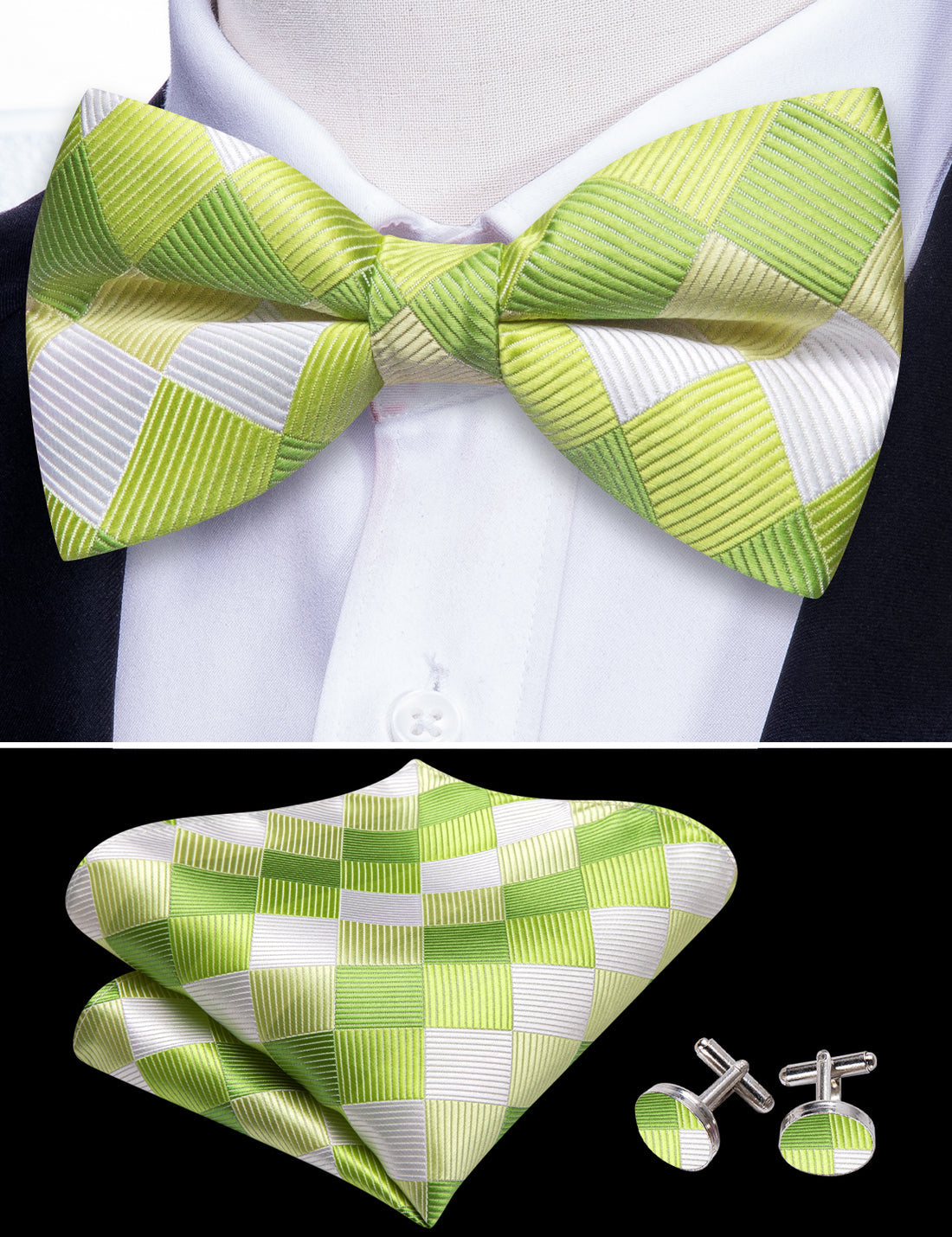 Green White Plaid Silk Bow Tie Set bow ties - Sophisticated Gentlemen