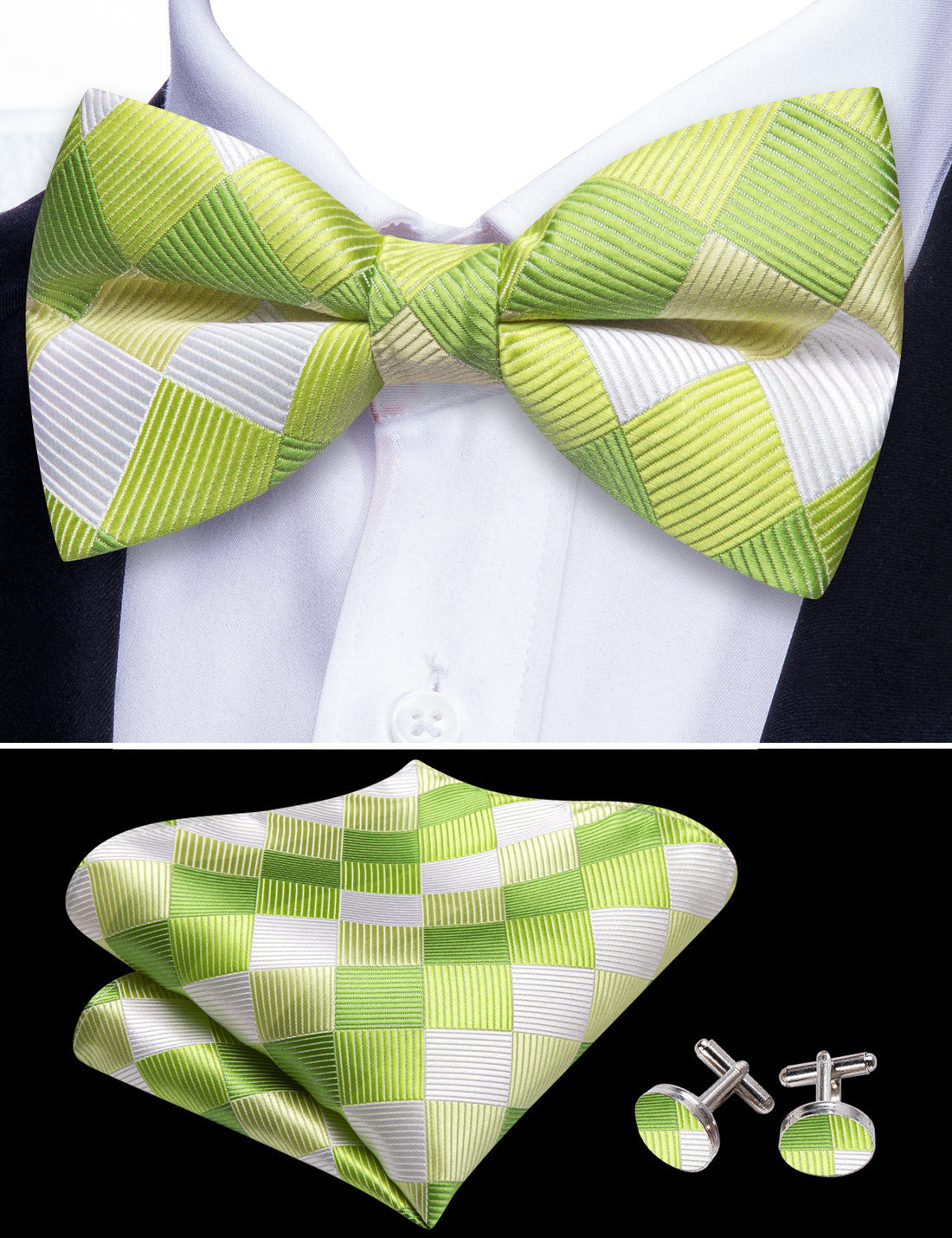 Green White Plaid Silk Bow Tie Set bow ties - Sophisticated Gentlemen