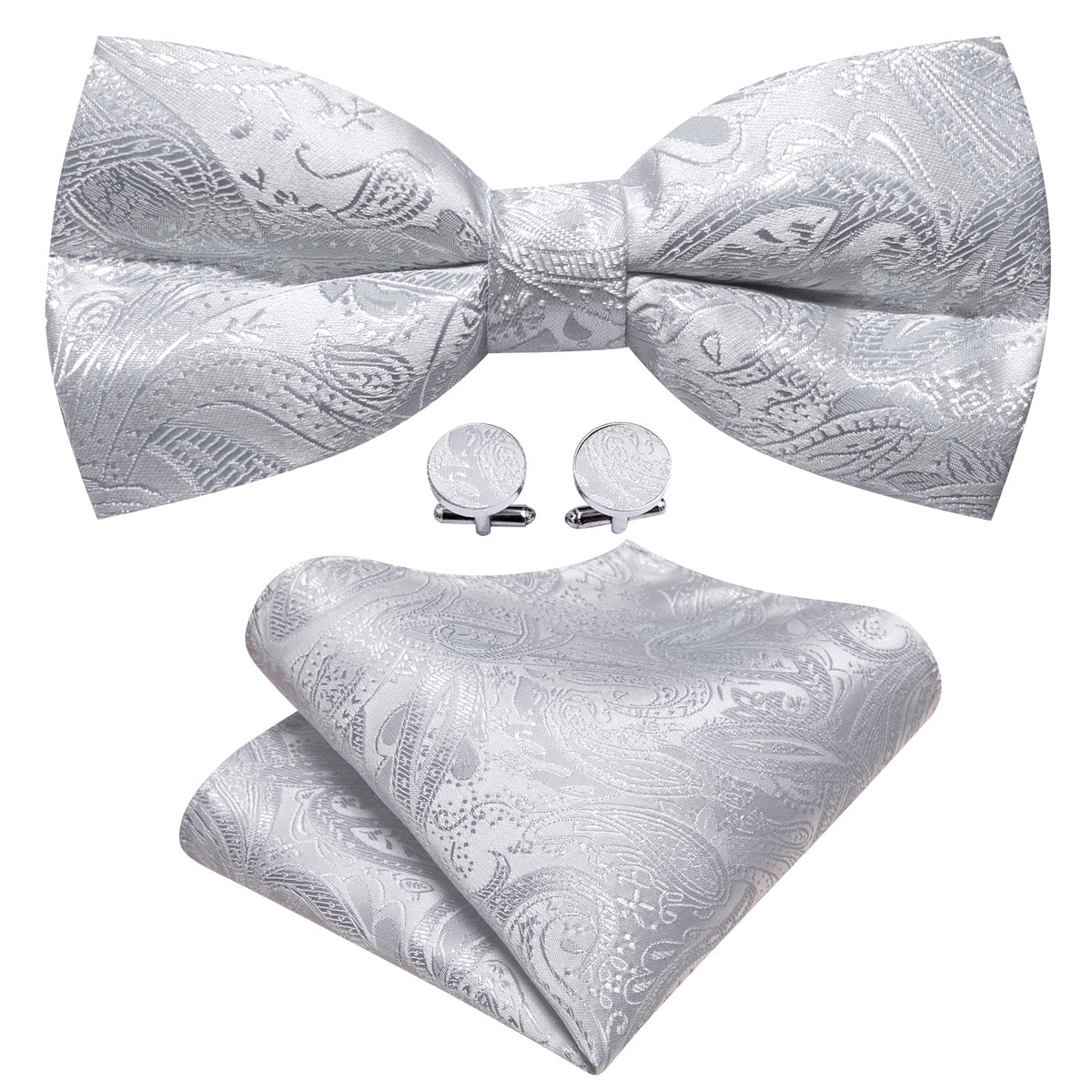 Silver White Paisley Bow Tie Set bow ties - Sophisticated Gentlemen