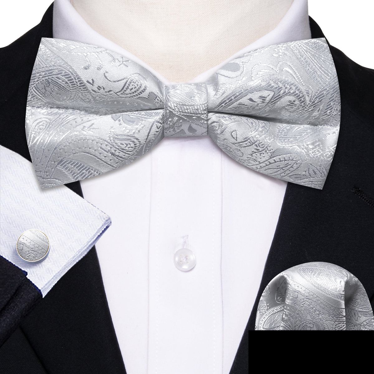Silver White Paisley Bow Tie Set bow ties - Sophisticated Gentlemen