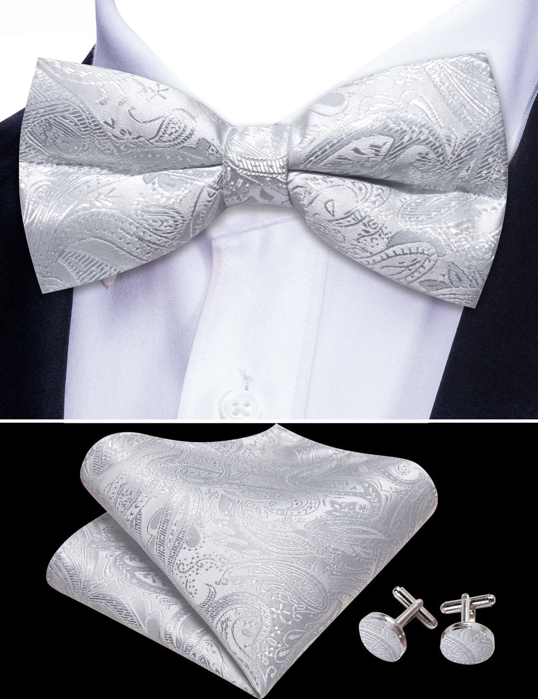 Silver White Paisley Bow Tie Set bow ties - Sophisticated Gentlemen