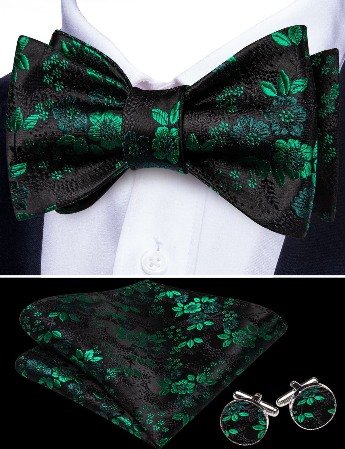 Black Green Floral Bow Tie Set bow ties - Sophisticated Gentlemen