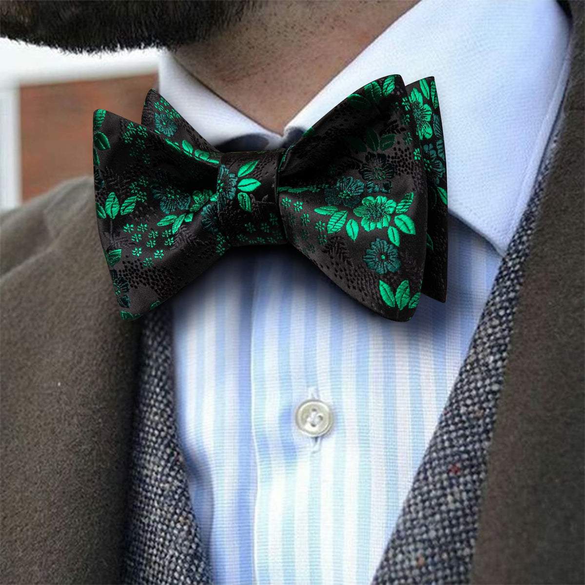 Black Green Floral Bow Tie Set bow ties - Sophisticated Gentlemen