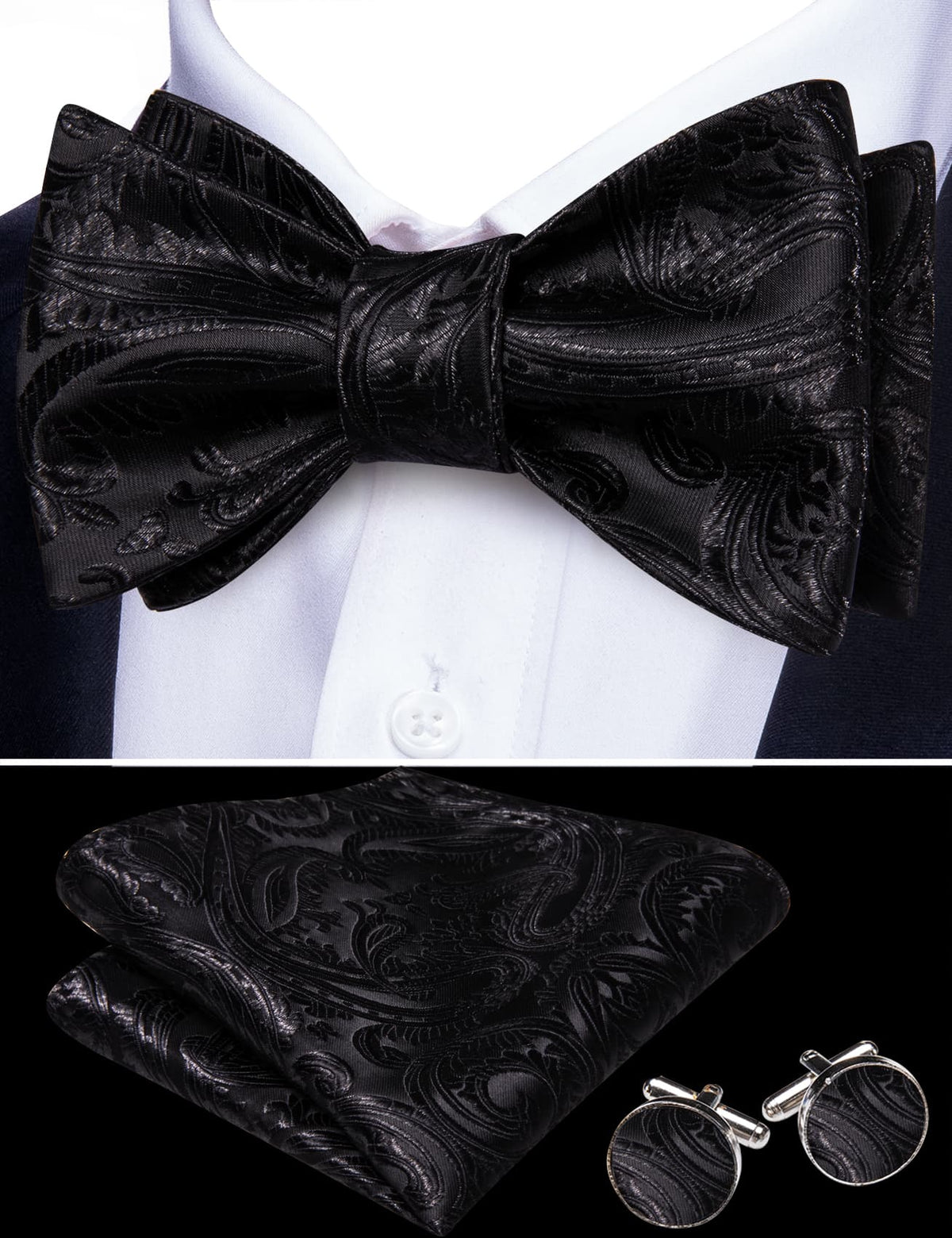 Black Paisley Jacquard Bow Tie Set bow ties - Sophisticated Gentlemen