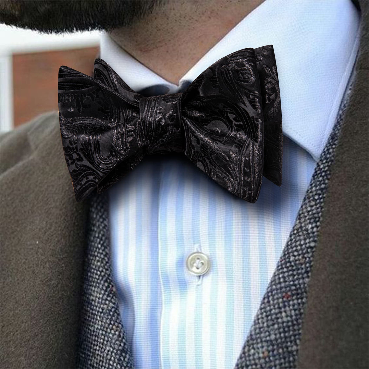 Black Paisley Jacquard Bow Tie Set bow ties - Sophisticated Gentlemen