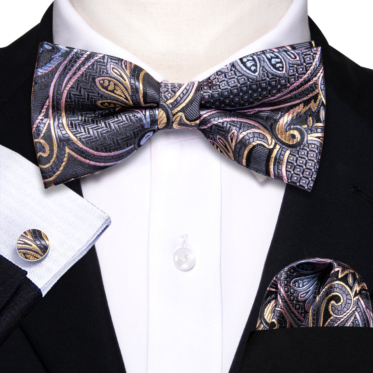 Black Pink Paisley Bow Tie Set bow ties - Sophisticated Gentlemen