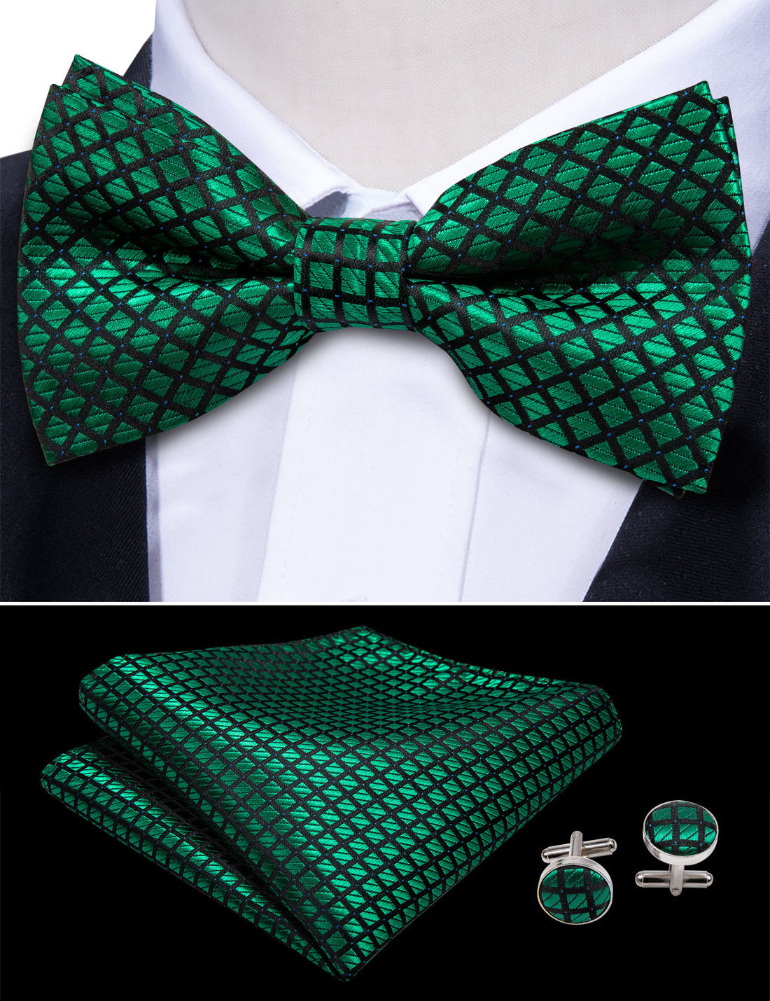 Green Plaid Bow Tie Set bow ties - Sophisticated Gentlemen