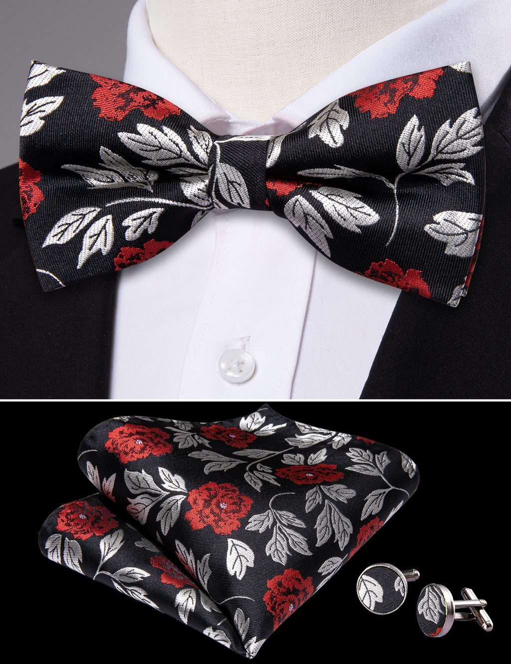 Black Silver Paisley Bow Tie Set bow ties - Sophisticated Gentlemen