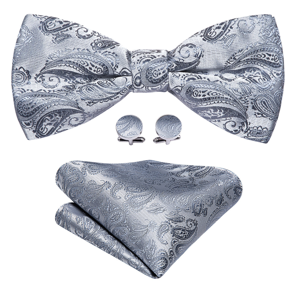 Silver Paisley Bow Tie Set bow ties - Sophisticated Gentlemen
