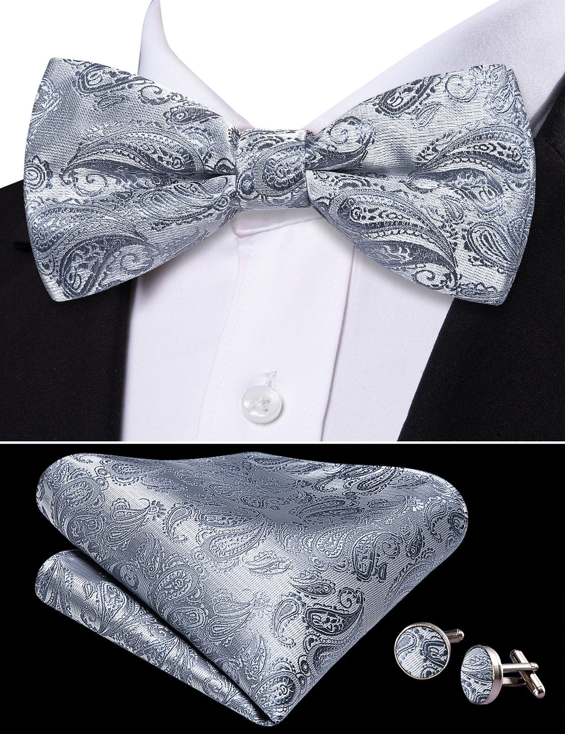 Silver Paisley Bow Tie Set bow ties - Sophisticated Gentlemen