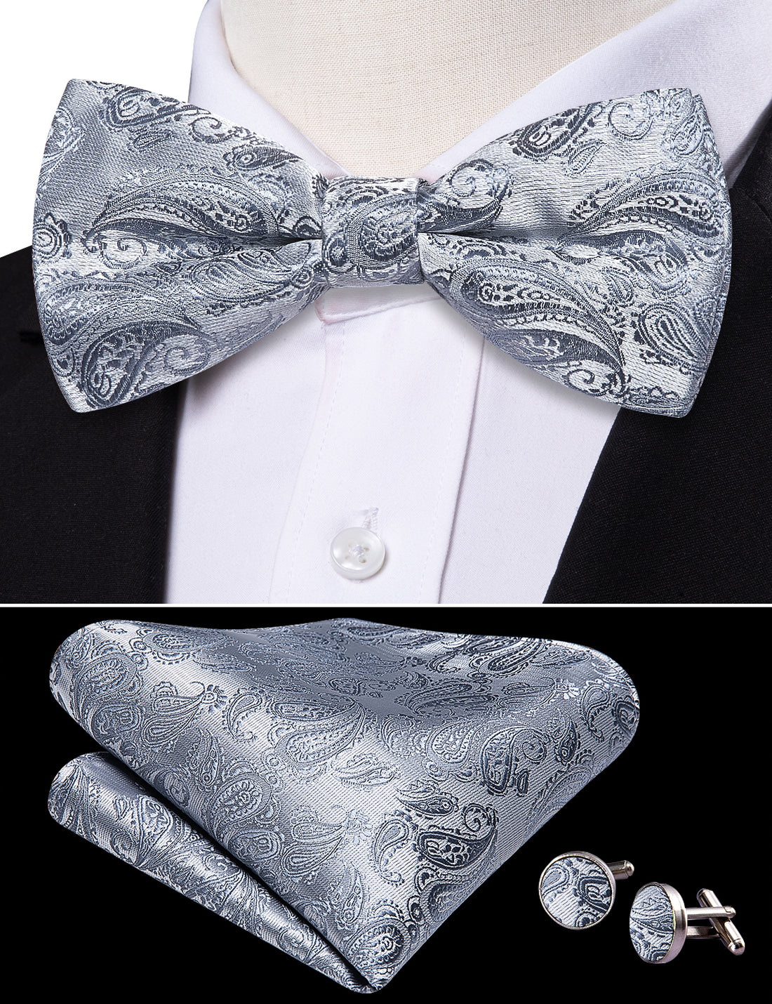 Silver Paisley Bow Tie Set bow ties - Sophisticated Gentlemen