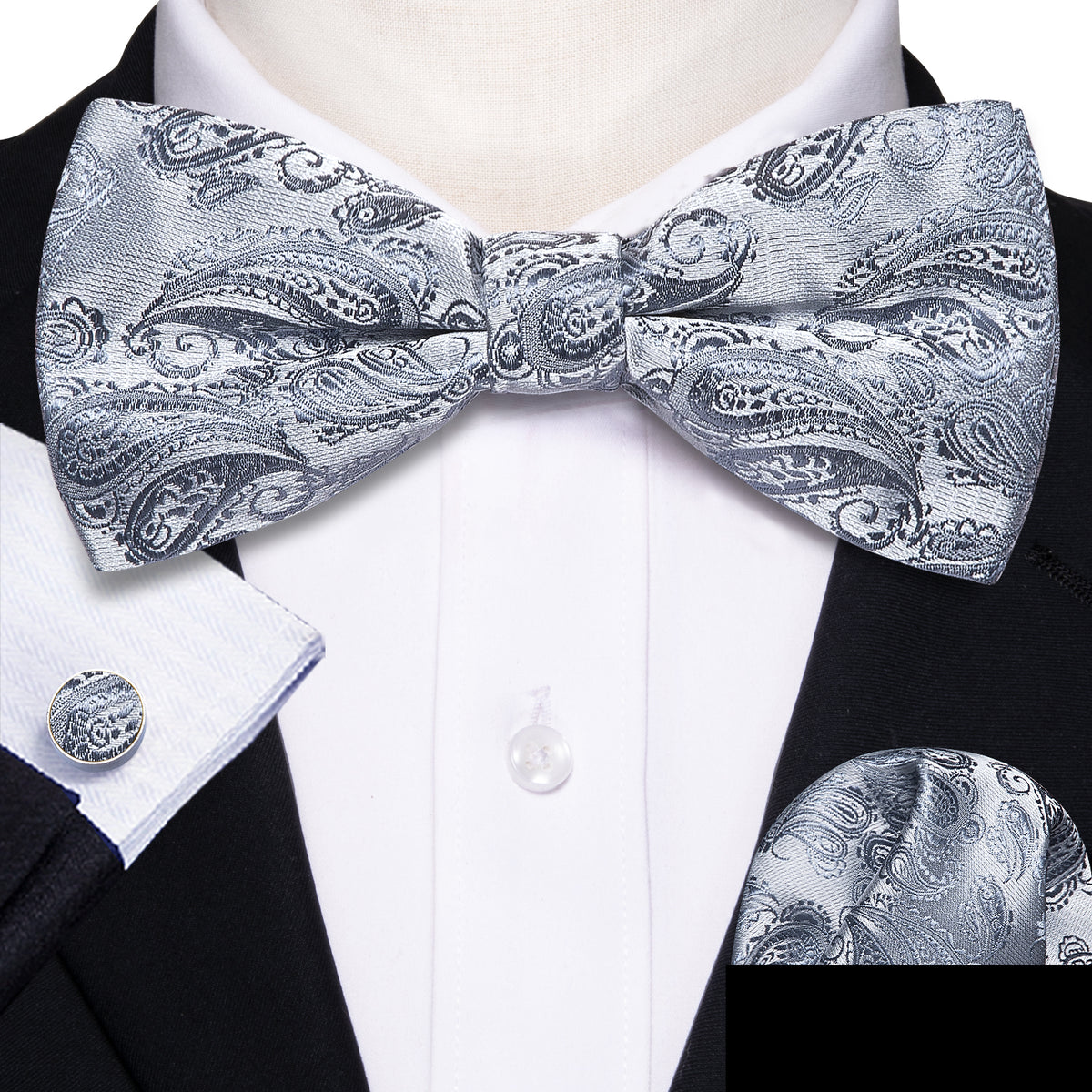 Silver Paisley Bow Tie Set bow ties - Sophisticated Gentlemen