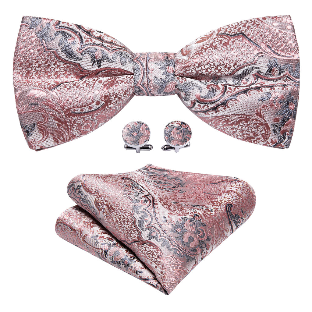 Gray Pink Paisley Bow Tie Set bow ties - Sophisticated Gentlemen