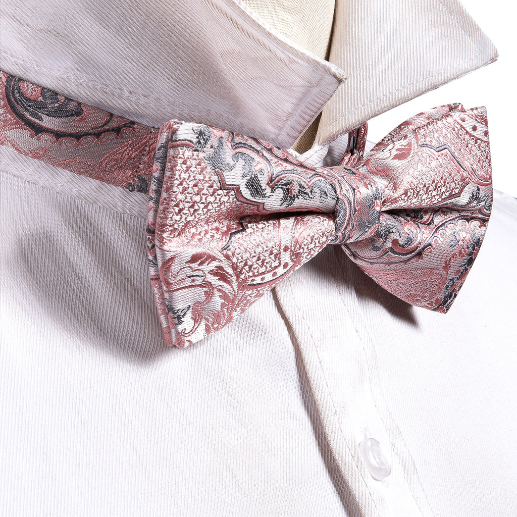 Gray Pink Paisley Bow Tie Set bow ties - Sophisticated Gentlemen