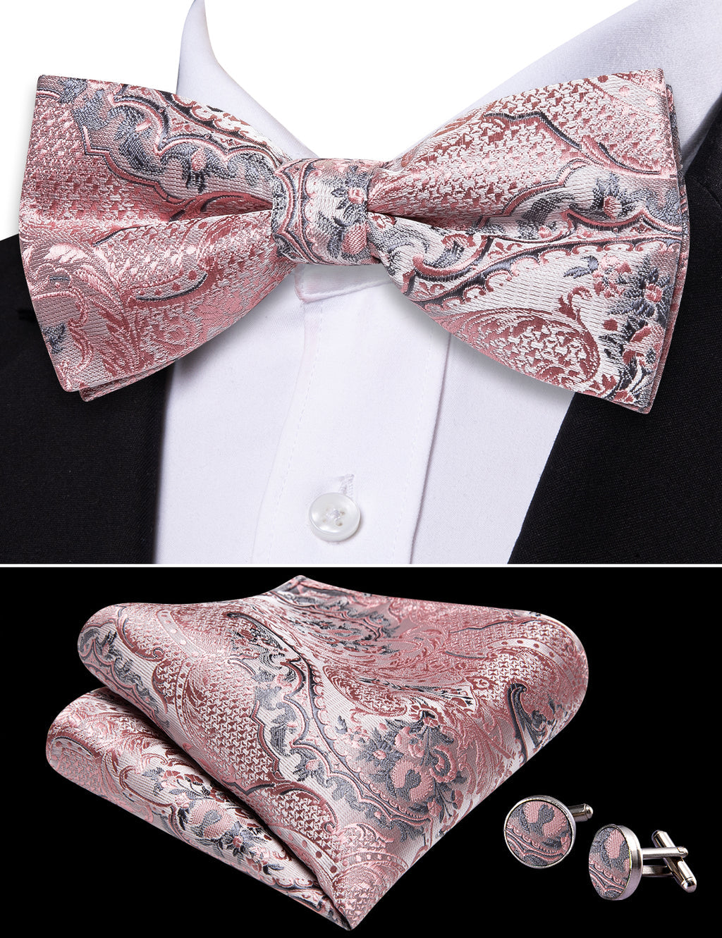 Gray Pink Paisley Bow Tie Set bow ties - Sophisticated Gentlemen