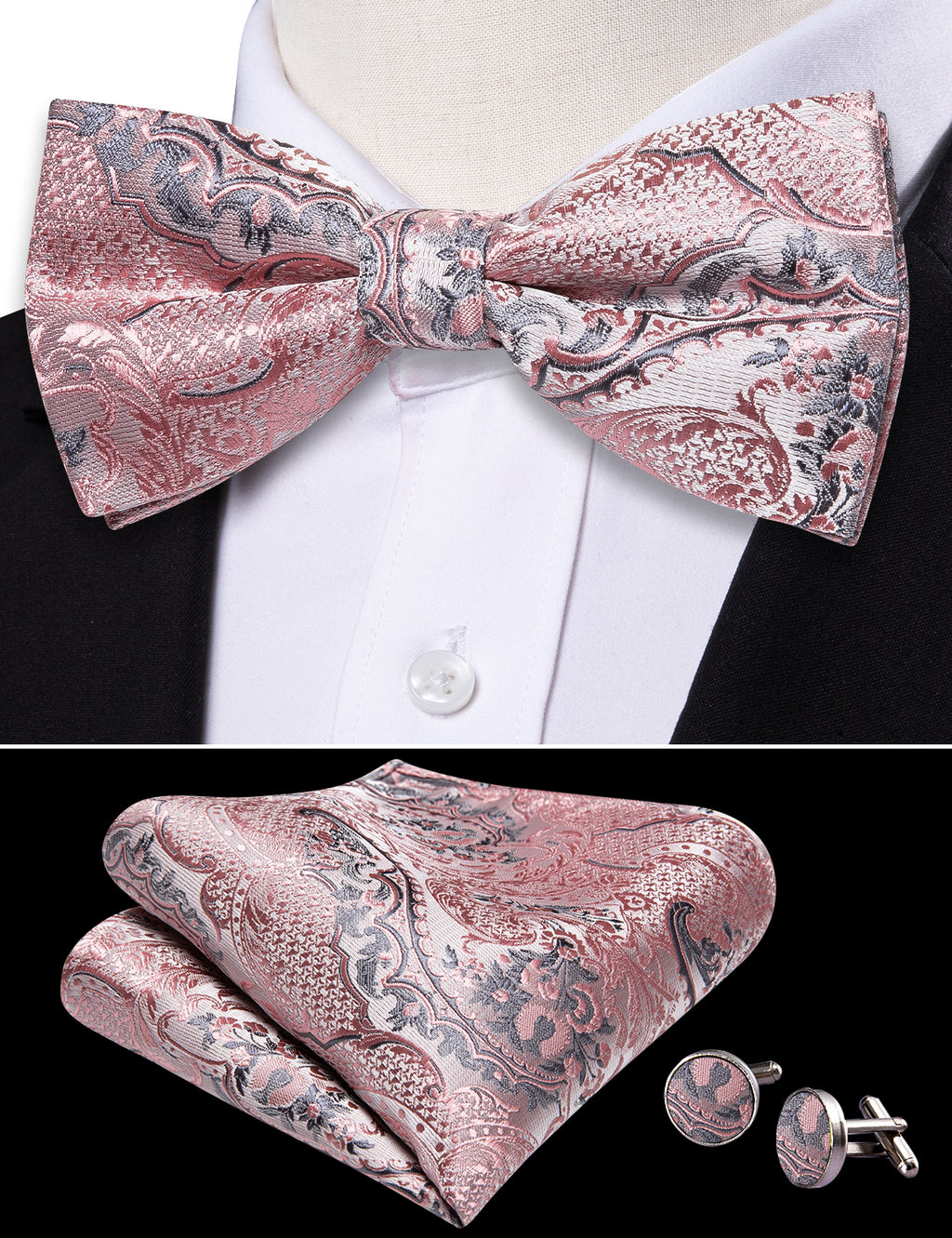 Gray Pink Paisley Bow Tie Set bow ties - Sophisticated Gentlemen