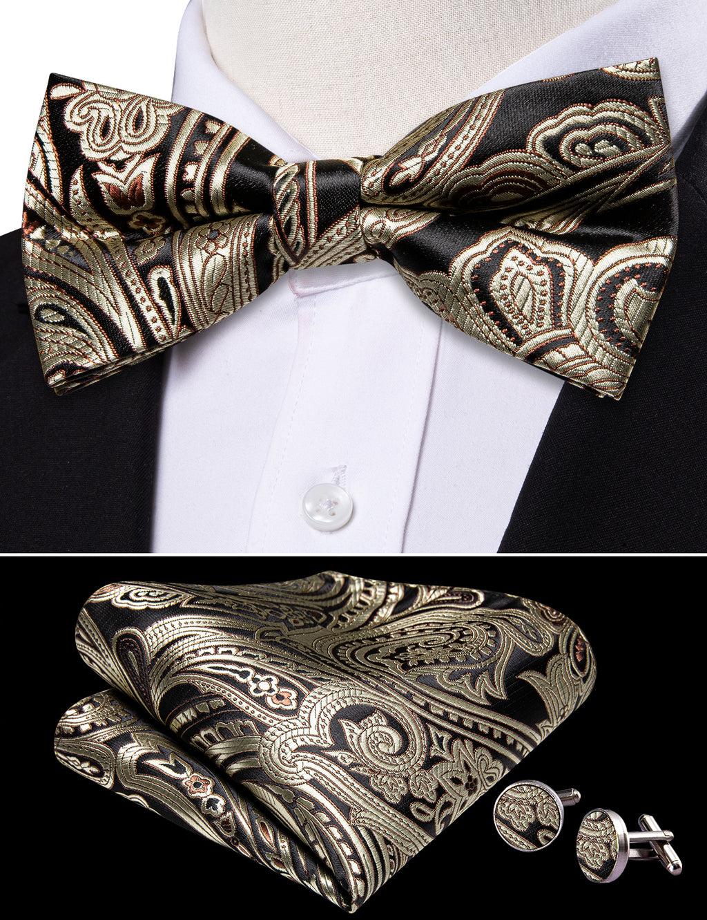 Black Golden Paisley Bow Tie Set bow ties - Sophisticated Gentlemen