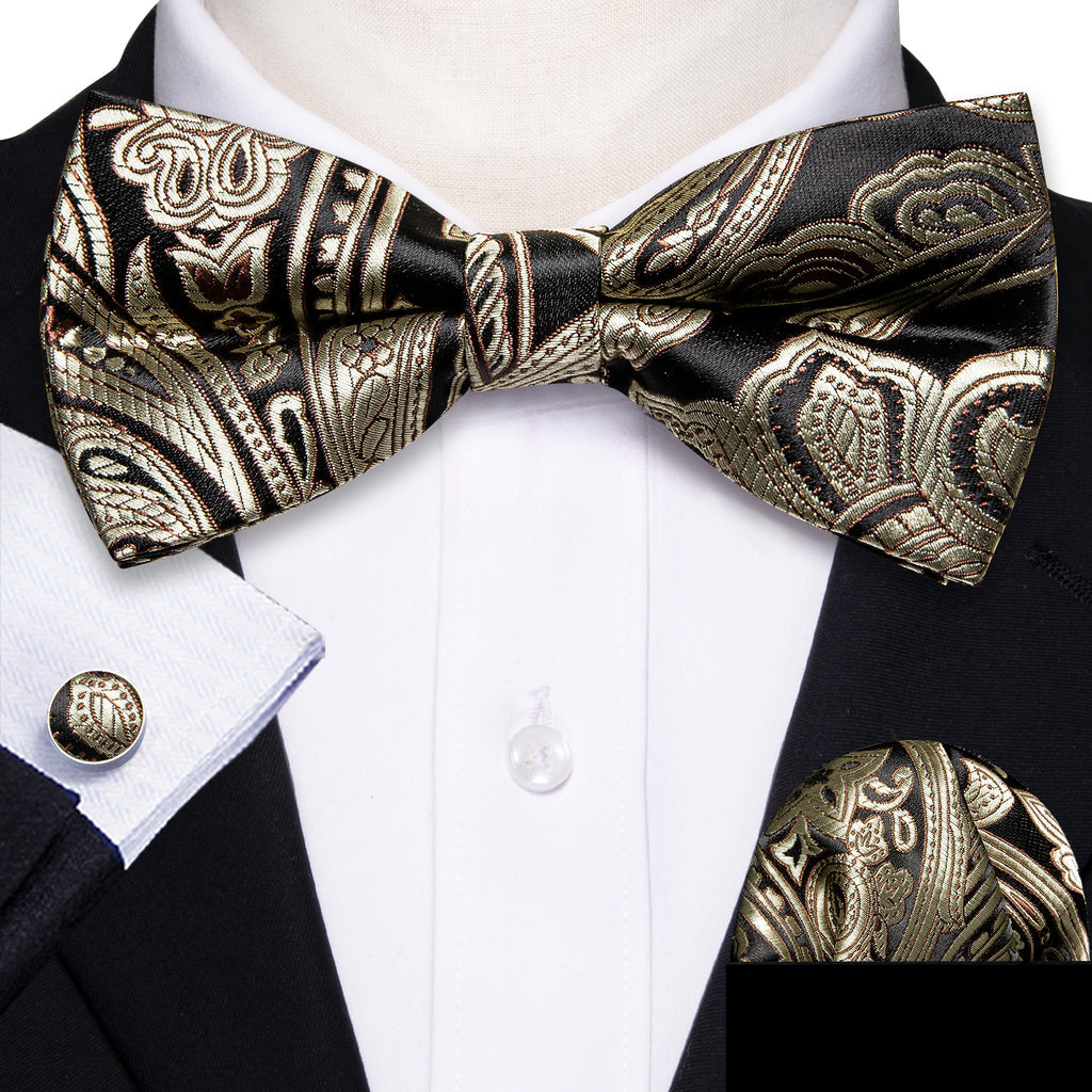 Black Golden Paisley Bow Tie Set bow ties - Sophisticated Gentlemen