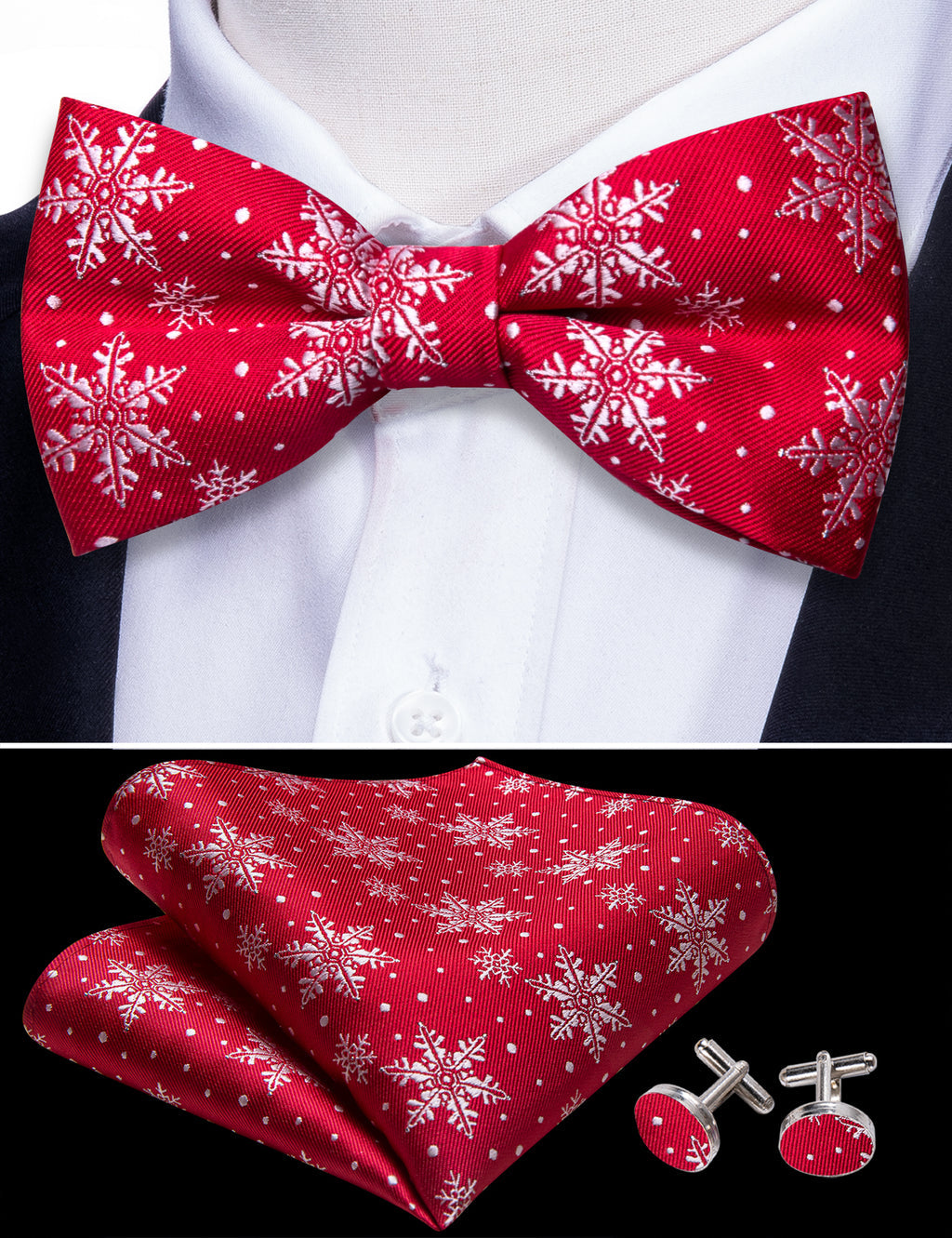 Red & White Christmas Snowflake Silk Bow Tie Set bow ties - Sophisticated Gentlemen