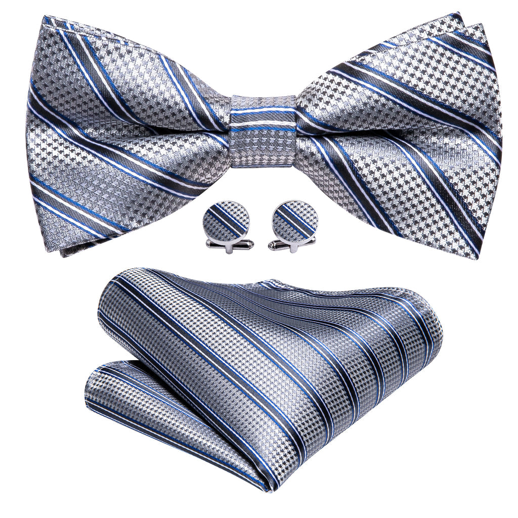 Silver Blue Striped Bow Tie Set bow ties - Sophisticated Gentlemen
