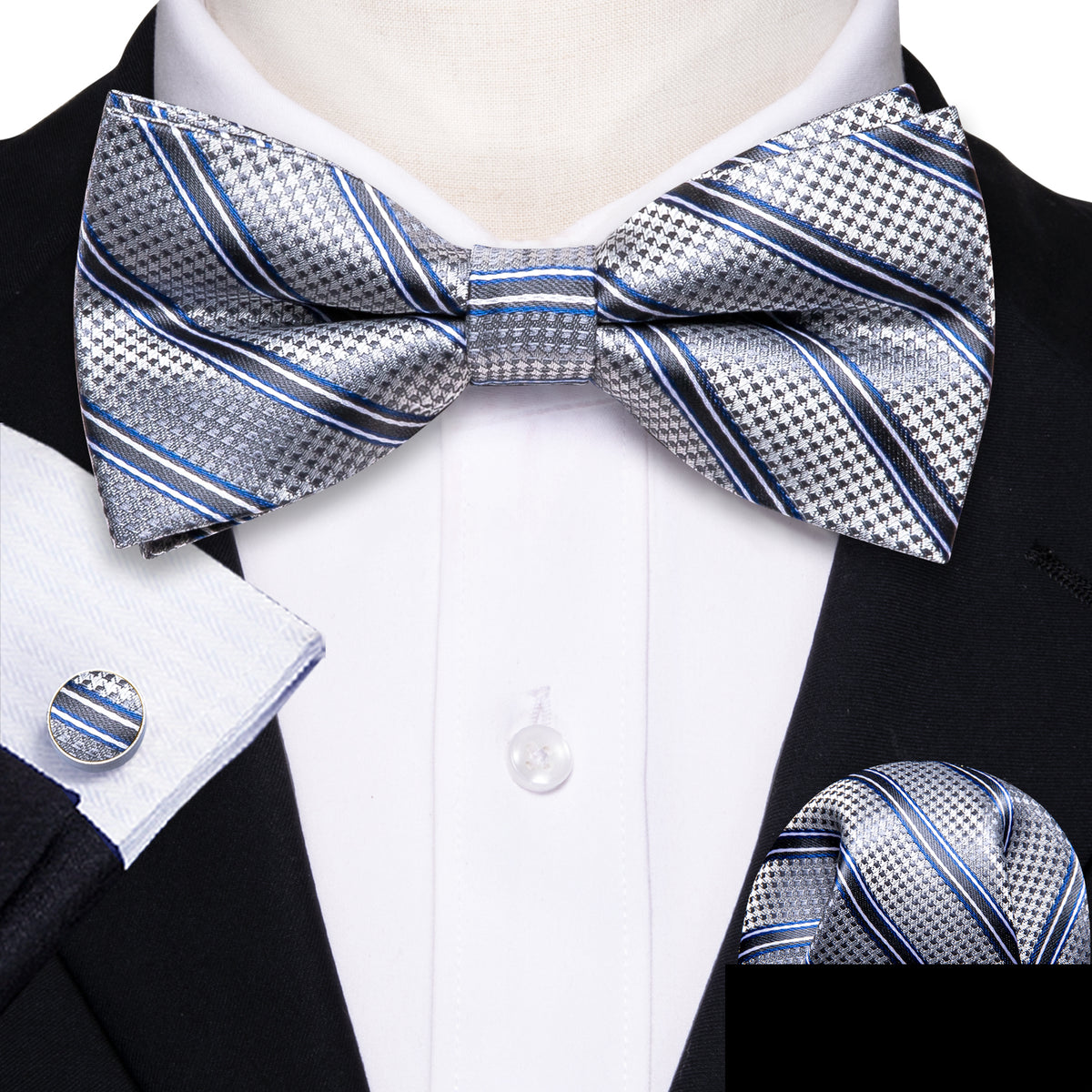 Silver Blue Striped Bow Tie Set bow ties - Sophisticated Gentlemen