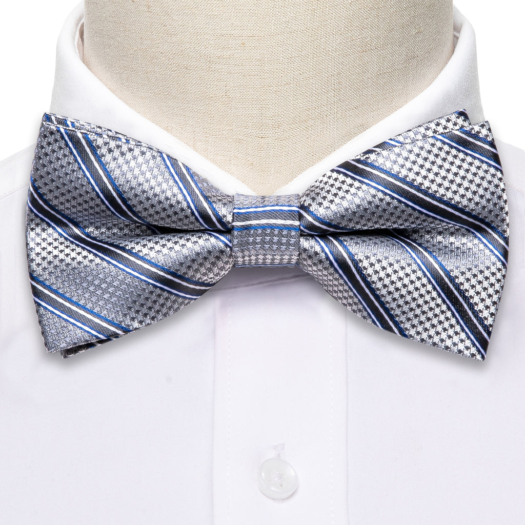 Silver Blue Striped Bow Tie Set bow ties - Sophisticated Gentlemen