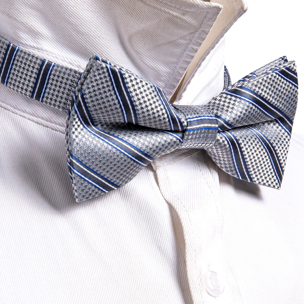 Silver Blue Striped Bow Tie Set bow ties - Sophisticated Gentlemen