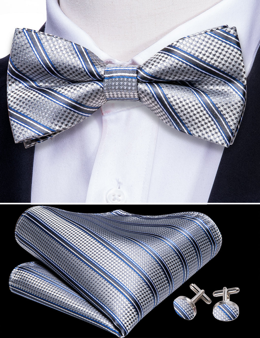 Silver Blue Striped Bow Tie Set bow ties - Sophisticated Gentlemen