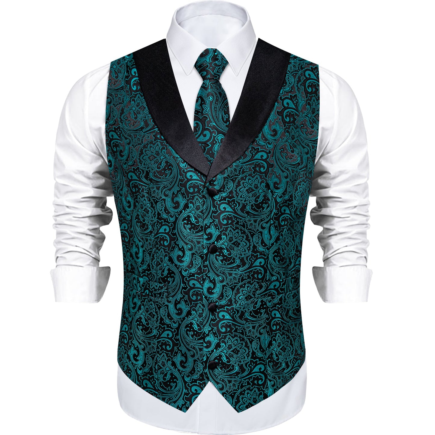 Teal Green Paisley Vest Set with Black Collar vest set - Sophisticated Gentlemen
