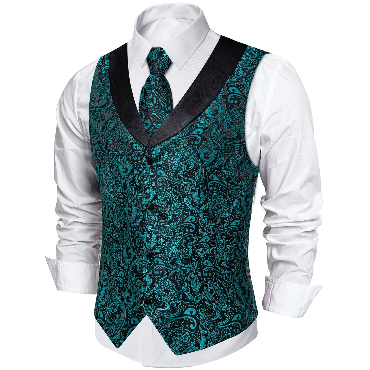 Teal Green Paisley Vest Set with Black Collar vest set - Sophisticated Gentlemen
