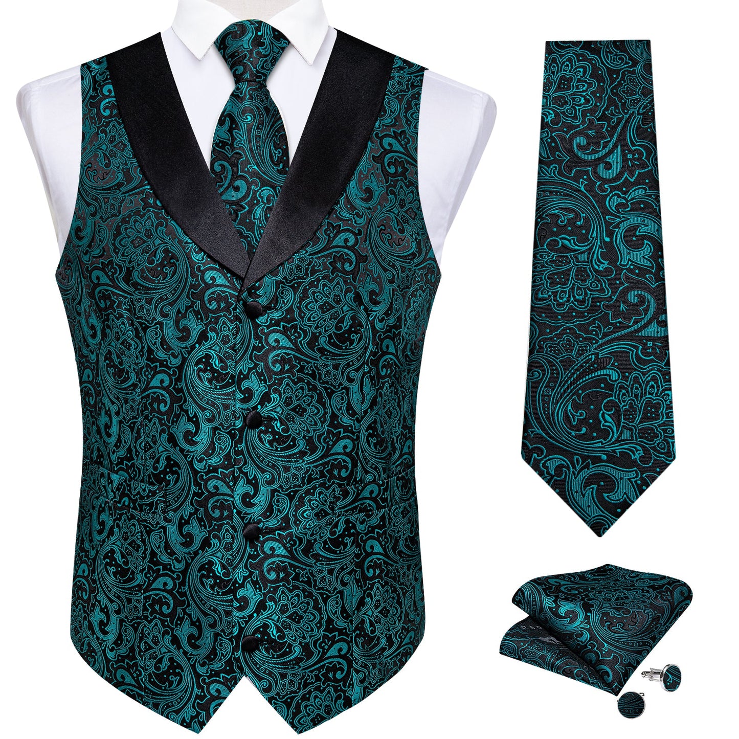 Teal Green Paisley Vest Set with Black Collar vest set - Sophisticated Gentlemen