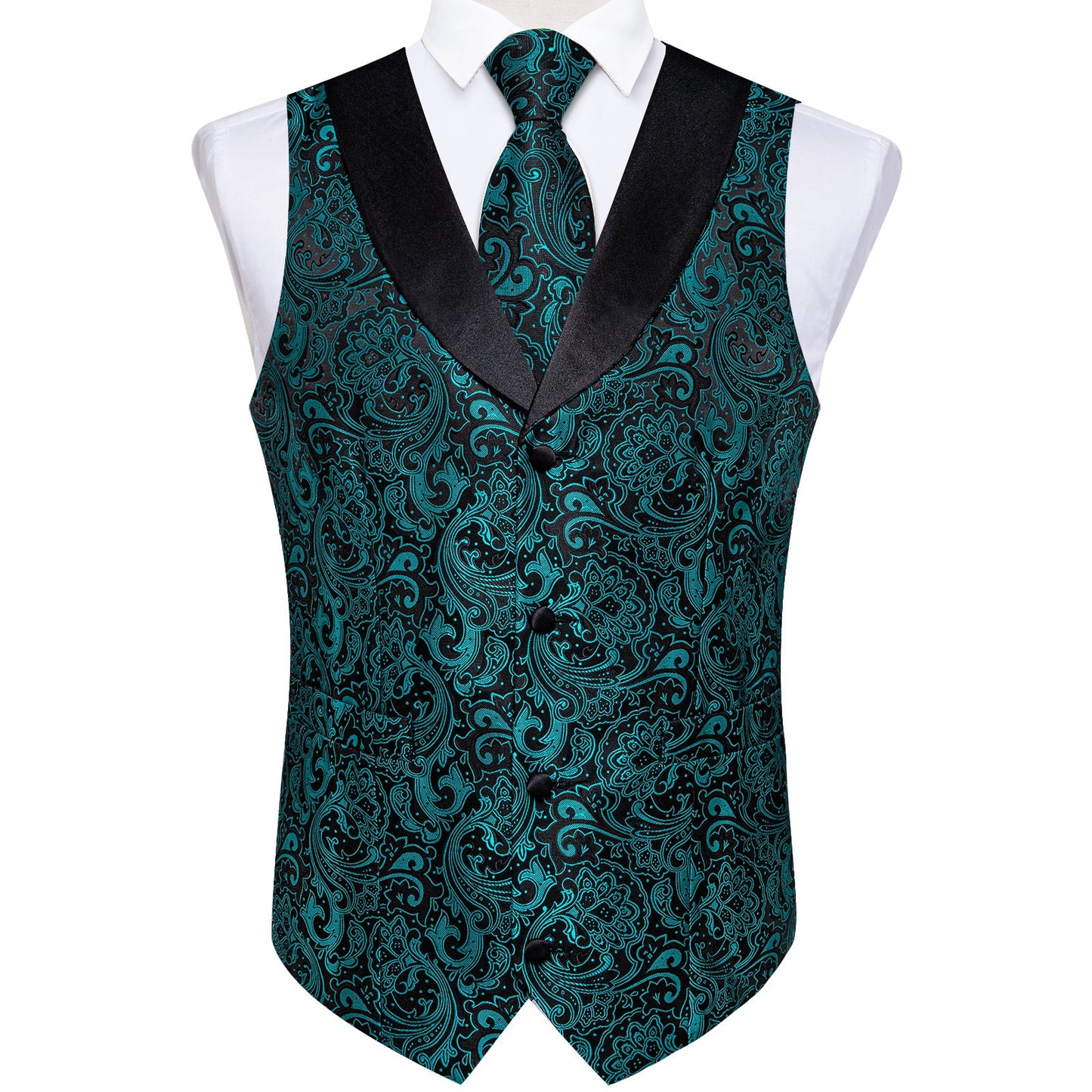 Teal Green Paisley Vest Set with Black Collar vest set - Sophisticated Gentlemen