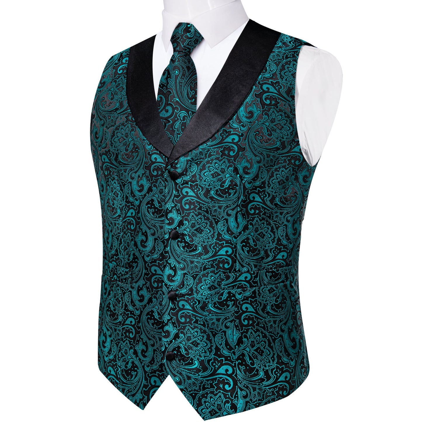Teal Green Paisley Vest Set with Black Collar vest set - Sophisticated Gentlemen