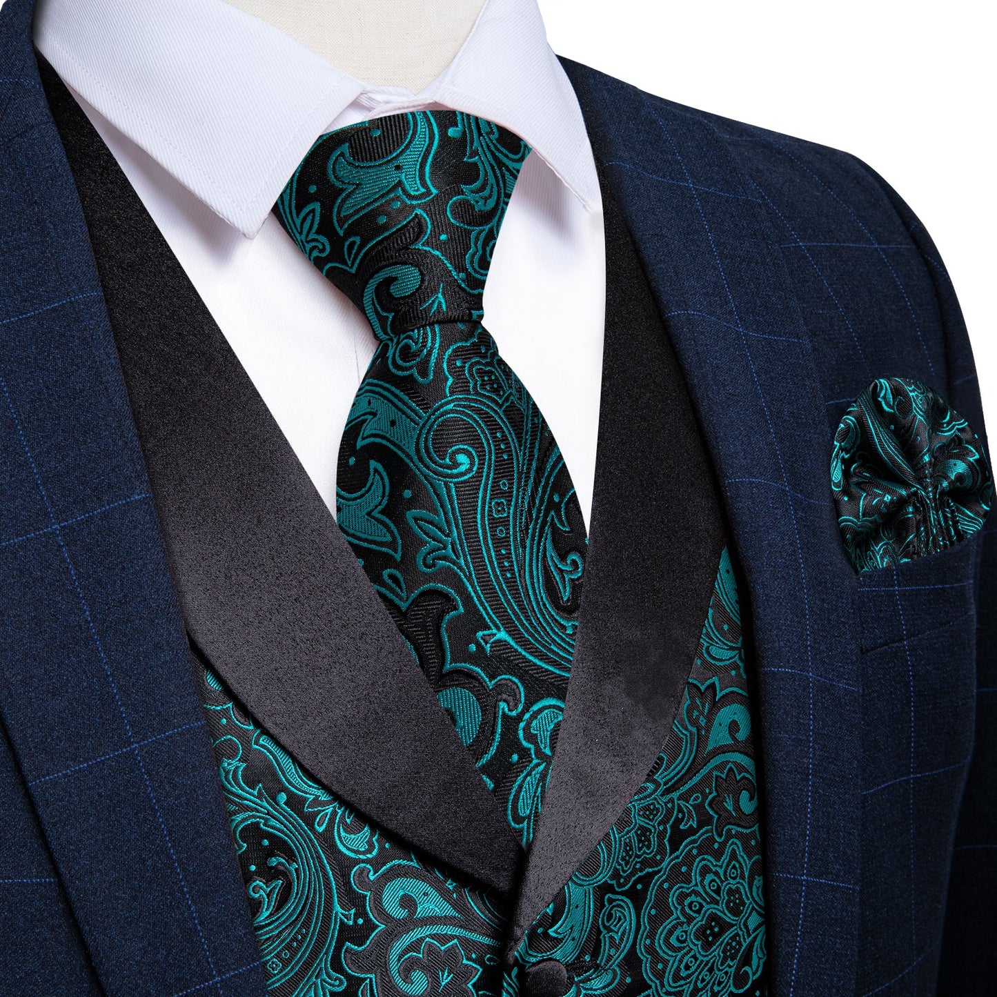 Teal Green Paisley Vest Set with Black Collar vest set S (Chest 41) - Sophisticated Gentlemen
