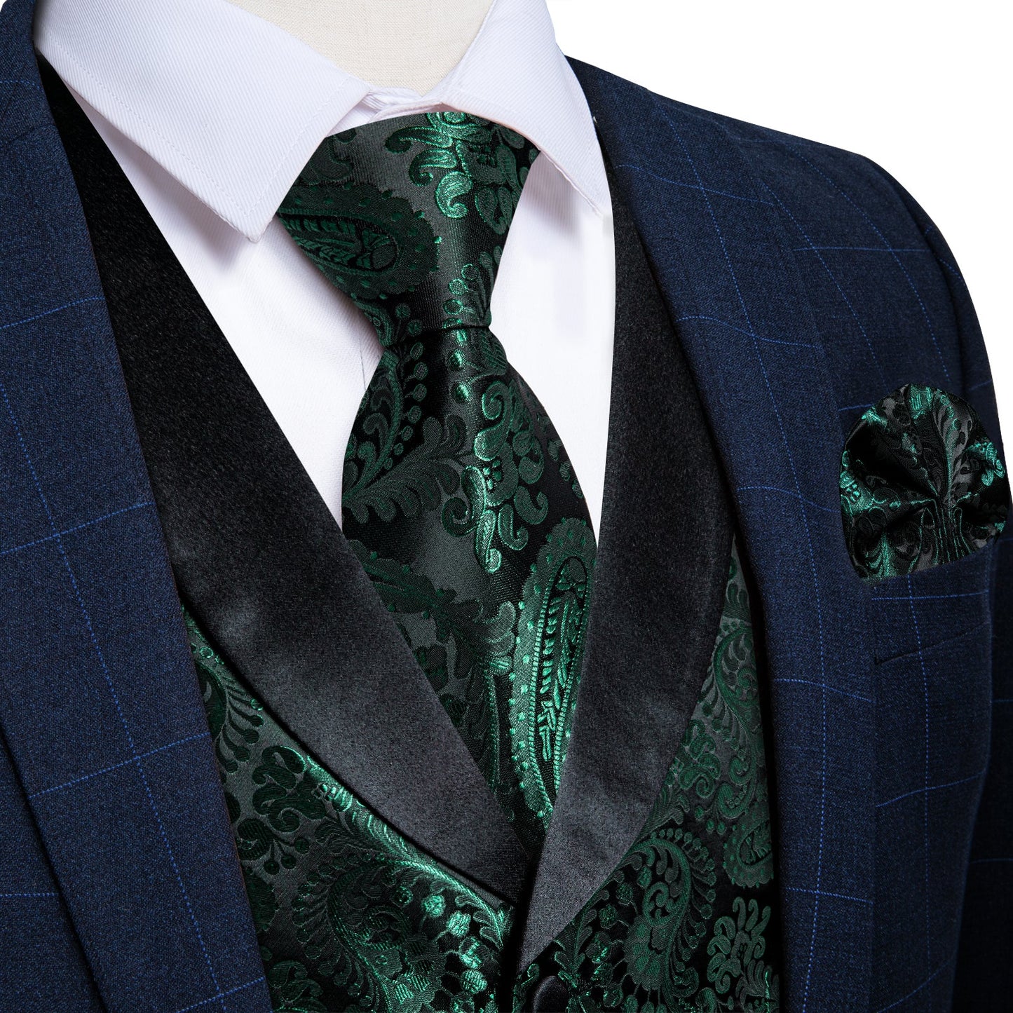 Green Paisley Vest Set with Black Collar vest set S (Chest 41) - Sophisticated Gentlemen