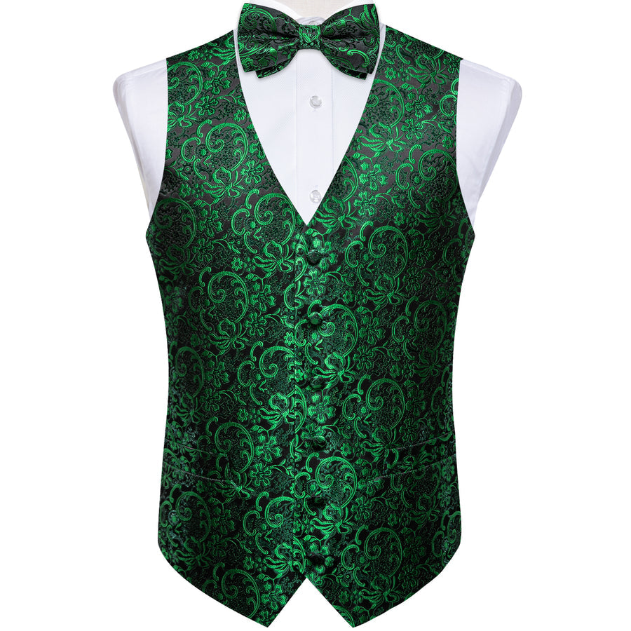 Black & Emerald Green Floral Jacquard Bowtie Vest Set vest set - Sophisticated Gentlemen