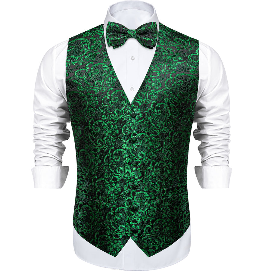 Black & Emerald Green Floral Jacquard Bowtie Vest Set vest set - Sophisticated Gentlemen