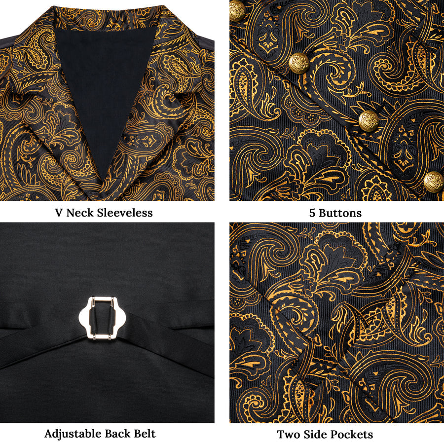 Black & Gold Paisley Silk Collar Vest Set vest set - Sophisticated Gentlemen